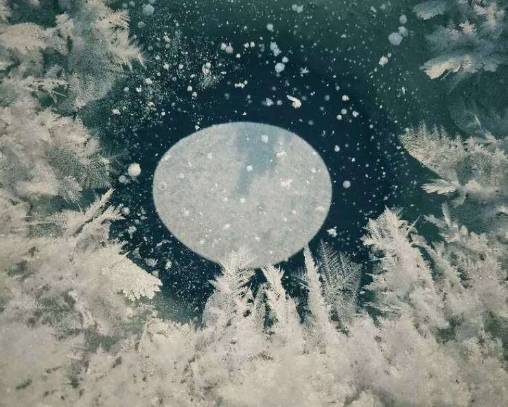 Doubles regards enchantes des moments qui exigent un deuxieme coup doeil - #2 Cette bulle dans un trou de pêche sur glace qui a gelé ressemble à la lune se levant au-dessus d'une forêt
