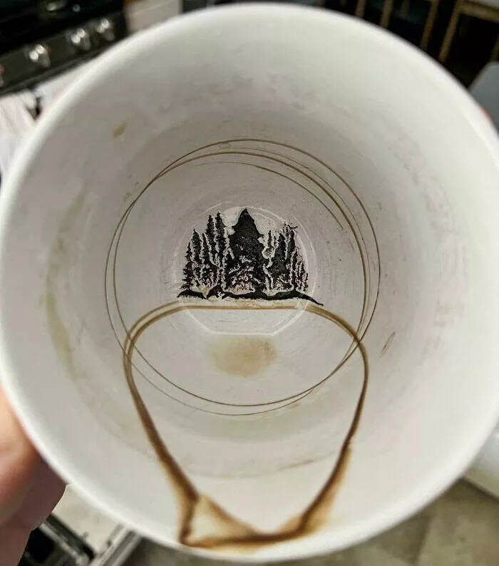 Doubles regards enchantes des moments qui exigent un deuxieme coup doeil - #8 Ma tasse à café sale ressemble à une forêt de pins