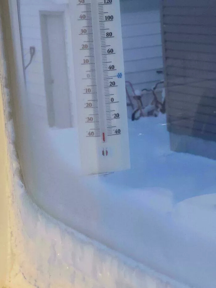 Winter freeze canadians share icy snapshots of winter - #4 My thermometer has hit rock bottom. The actual temperature is -44°C