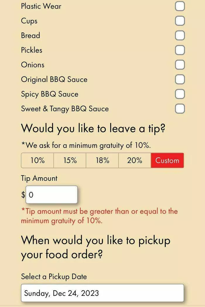Tipping transformation images advocating an end to gratuity culture - #21 Terry Blacks doesn't let you place a pick-up order without at least a 10% tip. What's the point of tipping if you make it mandatory?