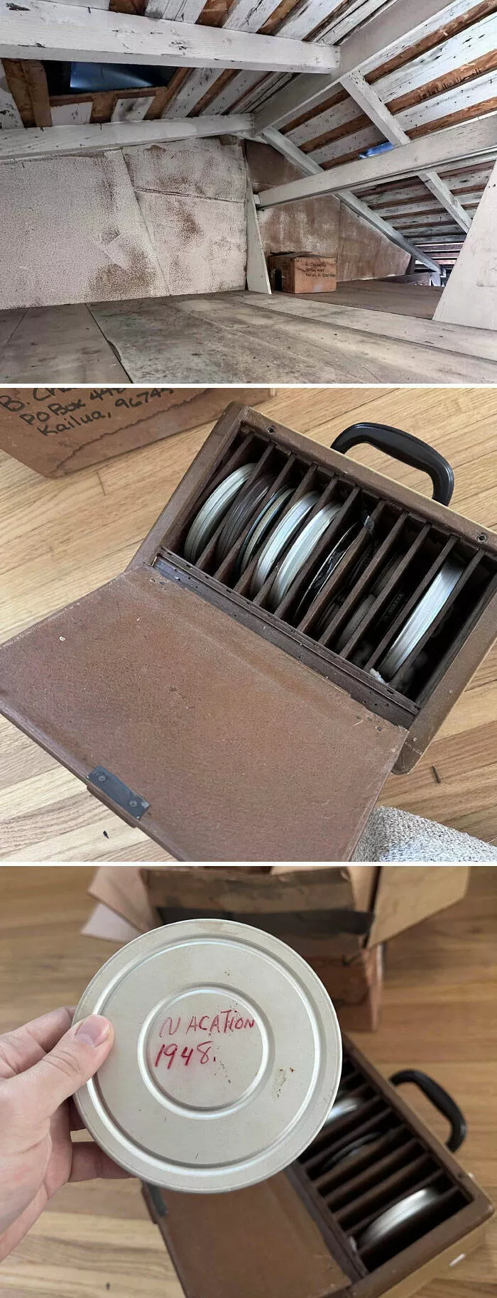 Decouvertes surprenantes a la maison des tresors inattendus qui ont etonne les residents - #30 Trouvé une boîte dans les poutres du garage. Je pensais avoir découvert un coffre-fort, mais j'ai trouvé quelque chose de mieux. Maintenant, je dois trouver un lecteur pour eux. J'ai hâte de voir ce qu'il y a dedans