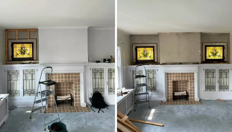 Decouvertes surprenantes a la maison des tresors inattendus qui ont etonne les residents - #5 Tout en faisant de la peinture et en enlevant la moquette dans notre Dutch Colonial des années 1920, nous avons découvert des vitraux cachés sous le lambris en bois Decouvertes surprenantes a la maison des tresors inattendus qui ont etonne les residents - #5 Tout en faisant de la peinture et en enlevant la moquette dans notre Dutch Colonial des années 1920, nous avons découvert des vitraux cachés sous le lambris en bois
