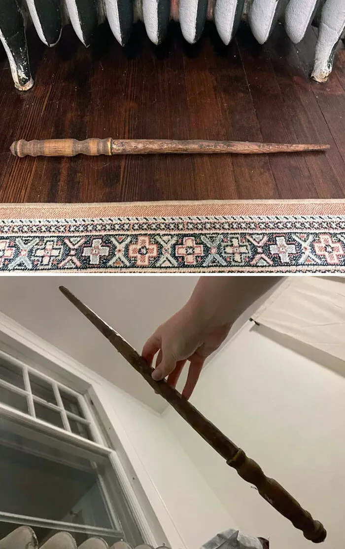 Decouvertes surprenantes a la maison des tresors inattendus qui ont etonne les residents - #50 Nous venons de déménager dans notre maison des années 1920 ce mois-ci. Je déroulais un tapis et me suis allongé dessus. J'ai regardé par-dessus, et il y avait cette baguette.