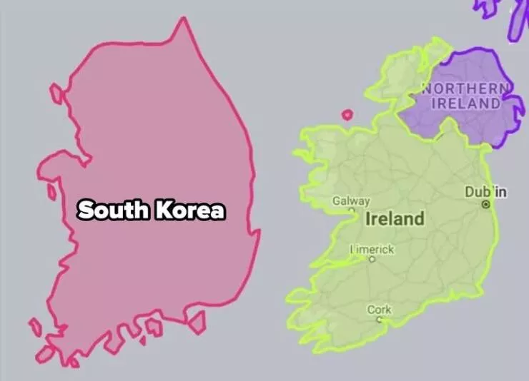 Visual marvels explore a collection of truly fascinating pictures - #39 Size comparison between South Korea and Ireland, considering the population difference