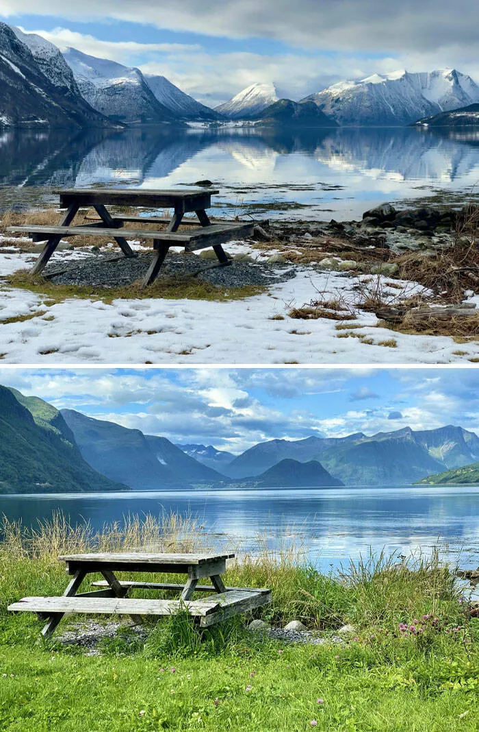 Mind bending perspectives compelling comparison photos to challenge your views - #19 One Bench, Two Seasons: February vs. August 2023 in Åndalsnes, Norway