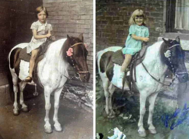 Coincidences incroyables au dela de la croyance et indeniablement vraies - #6 Ma mère et la mère de ma femme ont toutes deux été photographiées sur le même poney il y a plus de 70 ans à Montréal.