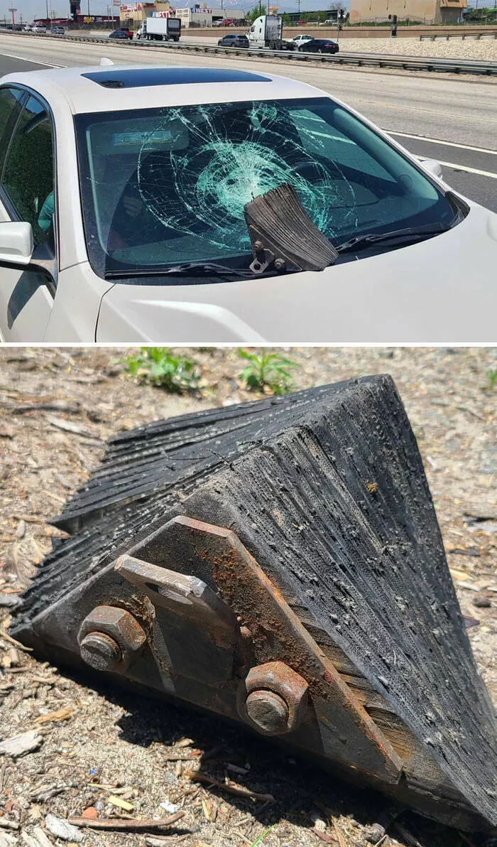 Puzzling enigmas unveiling the mystery objects that left everyone scratching their heads - #14 Slices of rubber held together by metal brackets, about 10 pounds. It hit my windshield going 80 mph down the interstate. Luckily, the windshield did its job and no one was injured!