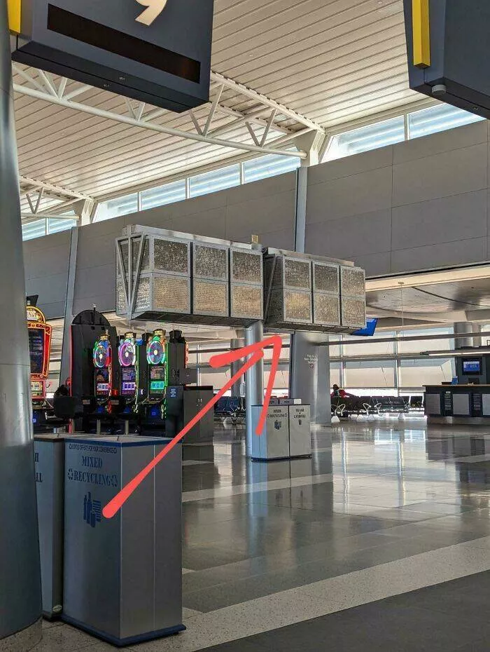 Puzzling enigmas unveiling the mystery objects that left everyone scratching their heads - #23 Grid of large metal cubes on a pole, located in the Las Vegas airport. Not making any noise and no lights, maybe an air filter or something? Located about 8ft off the ground and maybe 20ft long