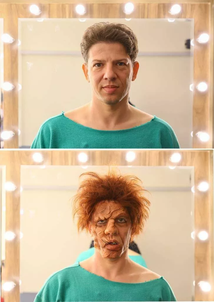 Transformations visuelles captivantes avant apres en images - #19 Un acteur en Turquie avant et après s'être maquillé pour une représentation de la pièce de Victor Hugo, Le Bossu de Notre-Dame :
