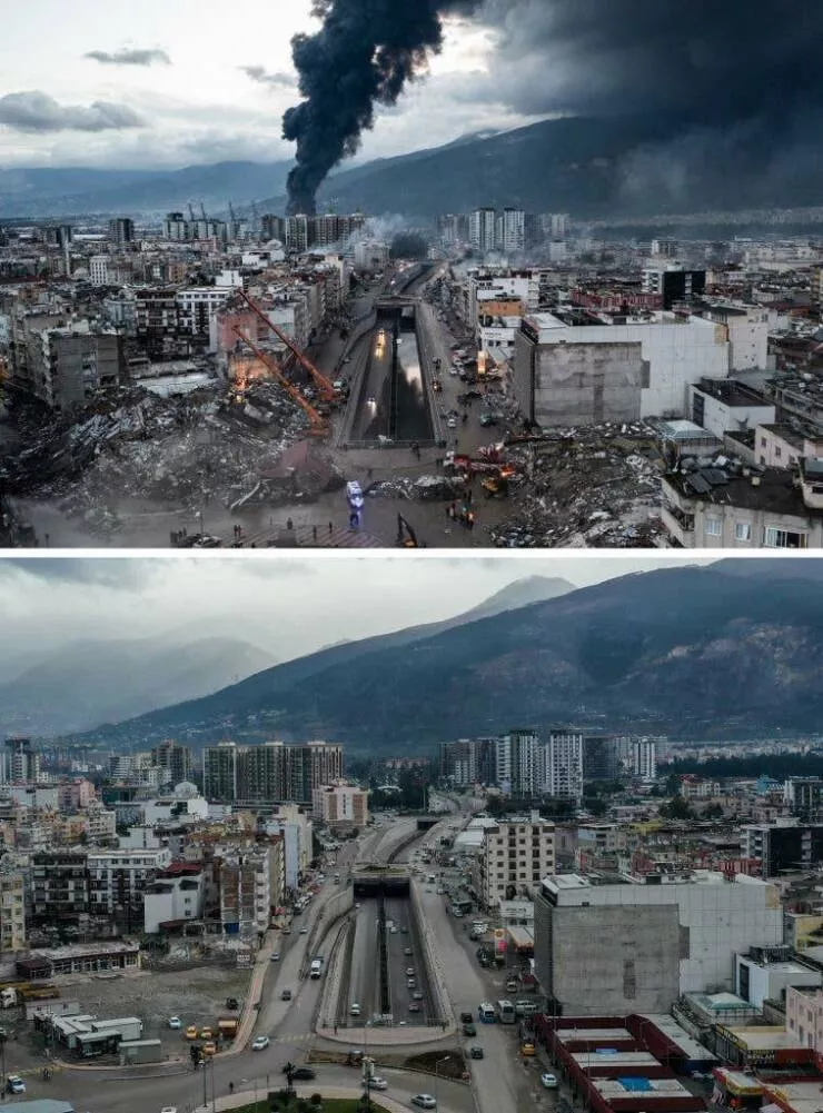 Transformations visuelles captivantes avant apres en images - #20 Et Iskenderun, en Turquie, le 5 février 2023 après un séisme de magnitude 7,8 et un an plus tard :