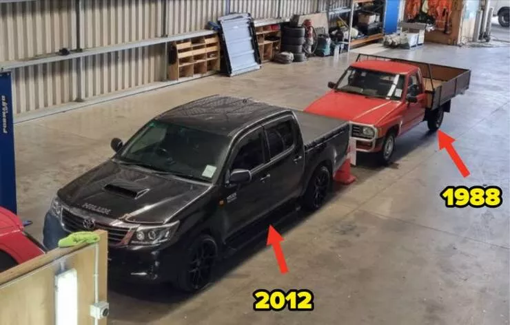 Visual metamorphosis engaging before and after snapshots that mesmerize - #21 A 1988 Toyota Hilux and the 2012 version of the same truck (illustrating the significant size difference in trucks over the years):