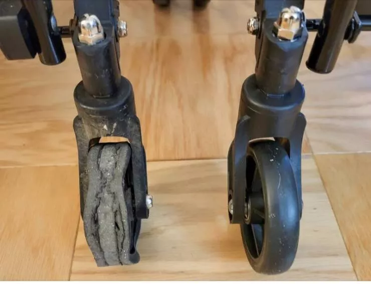 Transformations visuelles captivantes avant apres en images - #27 Une roue de chariot de supermarché vieillie à côté d'une toute neuve :