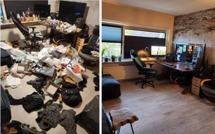 Transformations visuelles captivantes avant apres en images - #28 Et la chambre d'un gars avant et après qu'une fille ait dit qu'elle viendrait chez lui, LOL :