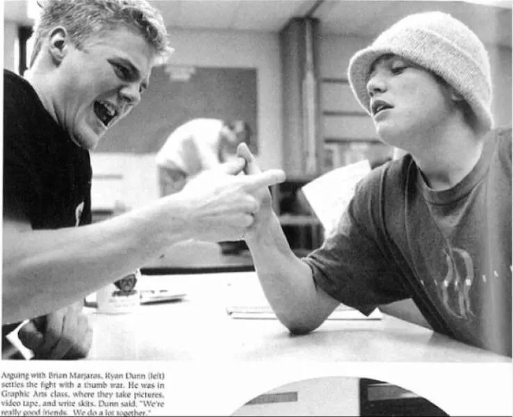 Nostalgic charm exploring the allure of vintage vibes - #11 Ryan Dunn and Bam Margera immortalized in their high school yearbook from the early 90s Nostalgic charm exploring the allure of vintage vibes - #11 Ryan Dunn and Bam Margera immortalized in their high school yearbook from the early 90s
