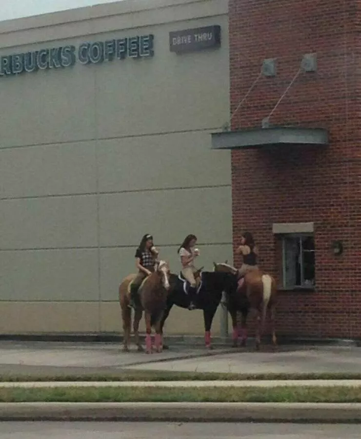 Photos offrant une touche modeste de divertissement et dintrigue - #41 Dans certaines villes près des arènes de rodéo, les gens optent pour des promenades à cheval à travers les drive-thrus au lieu des voitures