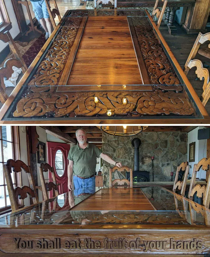 Woodworkers transforming craft into art - #13 A 17-year Celtic knot table project involving two generations. Dedicated to my wife Susan, who died of cancer and never got to meet her 30 grandchildren. Made from Western Red Cedar with Arm-R-Seal Satin, the base pedestal is crafted from reclaimed timber