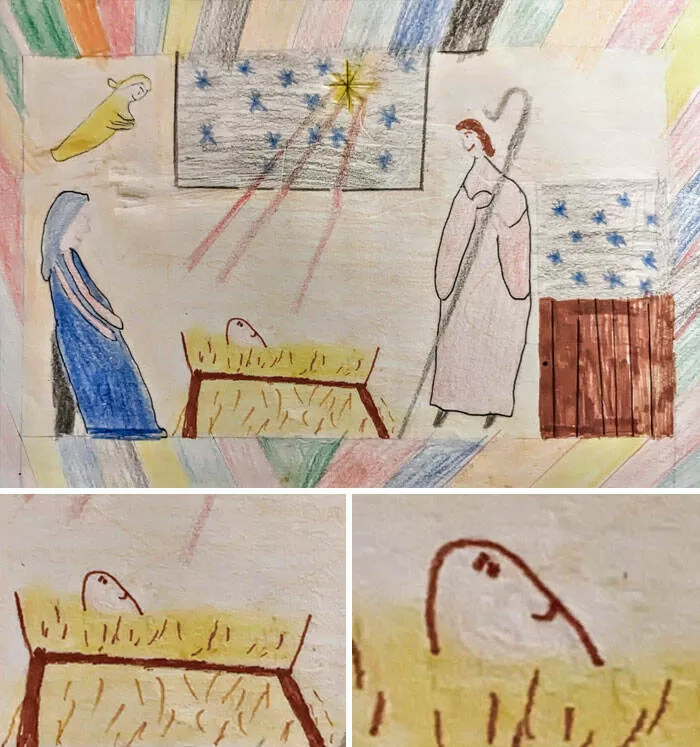 Les echecs hilarants des femmes captures en photos - #11 La tentative de ma femme de dessiner le bébé Jésus quand elle était enfant