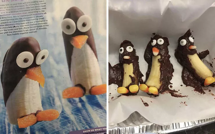 Les echecs hilarants des femmes captures en photos - #21 Ma femme a essayé de faire des pingouins en bananes chocolatées pour les enfants