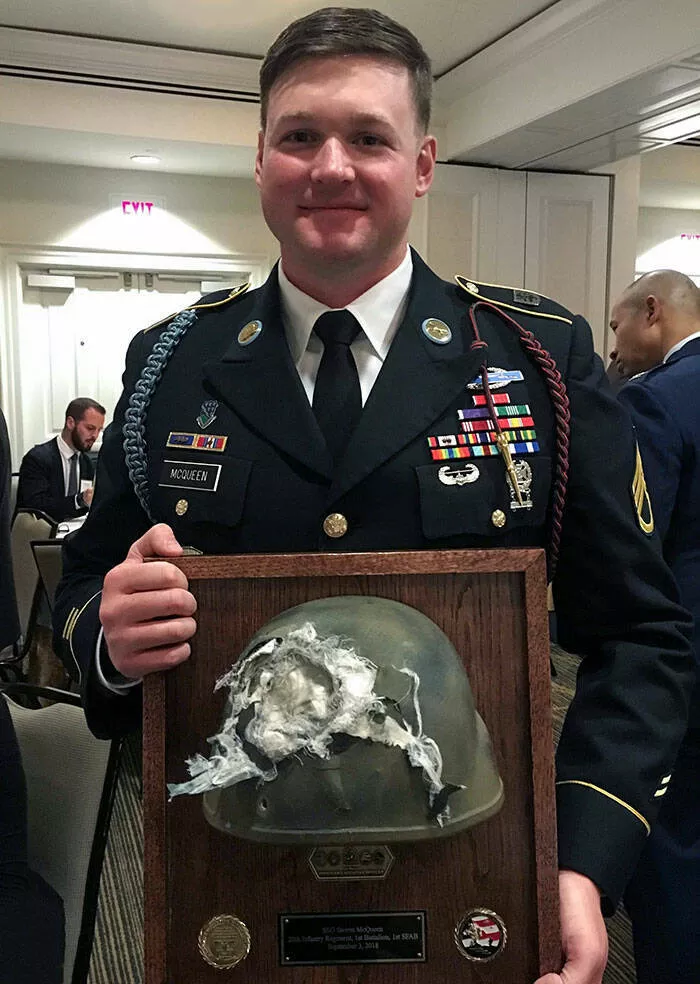 Lucky breaks unforgettable photos of serendipitous moments - #15 A Soldier's Helmet Took a Life-Saving 7.62 Round at 20 Feet