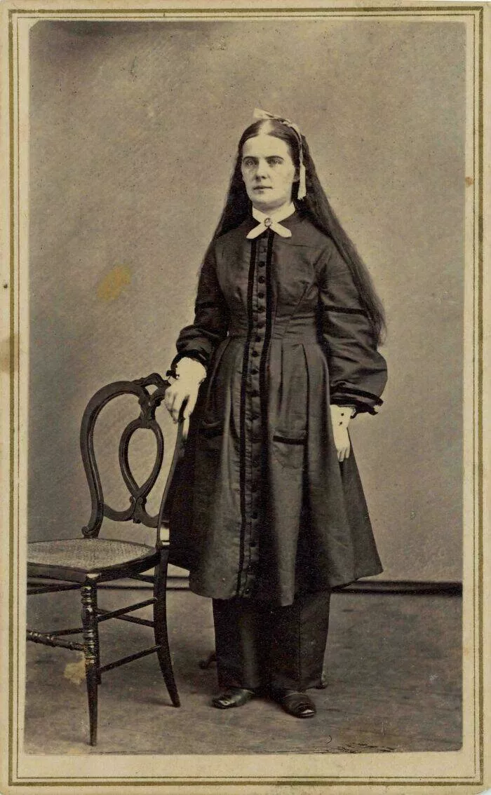 Timeless everyday moments captured in historical photographs - #43 A woman in a knee-length dress and pants, circa 1860s, from a bound photo album I bought years ago. Subject and photographer unknown Timeless everyday moments captured in historical photographs - #43 A woman in a knee-length dress and pants, circa 1860s, from a bound photo album I bought years ago. Subject and photographer unknown