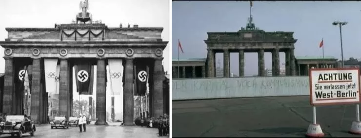 Amazing before and after photos of historic landmark transformations - #27 The Brandenburg Gate with Nazi Flags in 1936