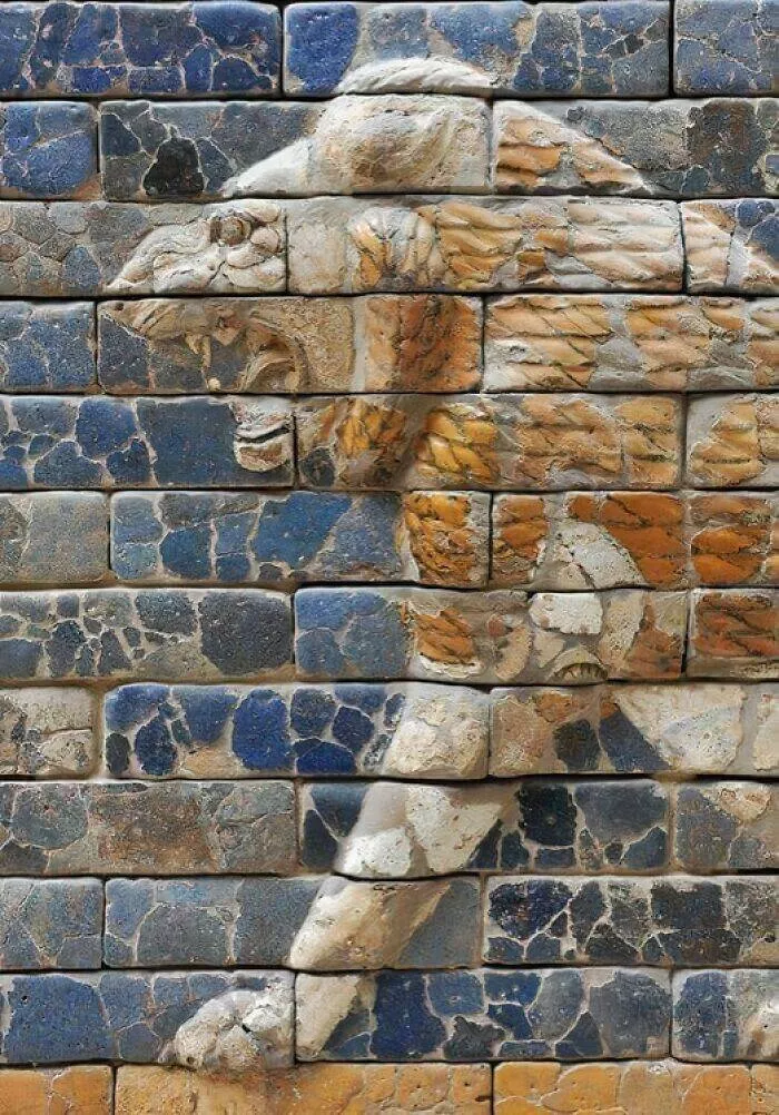 Merveilles anciennes qui nous emerveillent encore aujourdhui - #38 Carreaux émaillés antiques du Chemin processionnel de la Porte d'Ishtar menant à la ville de Babylone, construits par le roi Nabuchodonosor en 575 av. J.-C. Le chemin était bordé de 60 lions de chaque côté, chaque lion étant constitué de quarante-six briq