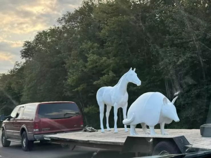 Intriguing photos that will ignite your curiosity - #24 Armadillo and horse statues being transported on a flatbed truck at 60 mph