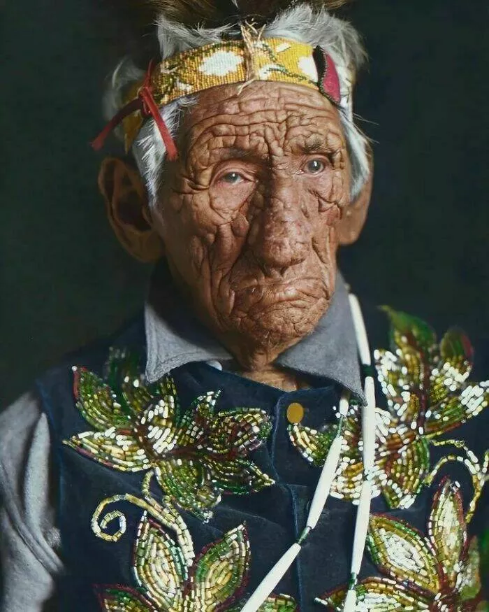 Unveiling hidden histories rare photos that tell untold stories - #14 Portrait of John Smith, also known as White Wolf, an elderly Native American Chippewa of Cass Lake, Minnesota, in traditional dress, 1914 (born between 1822 and 1826, possibly as early as 1784; died February 6, 1922)
