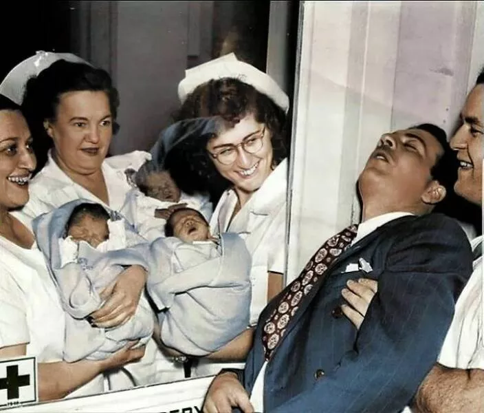 Unveiling hidden histories rare photos that tell untold stories - #17 A father passing out upon meeting his triplets for the first time, 1946