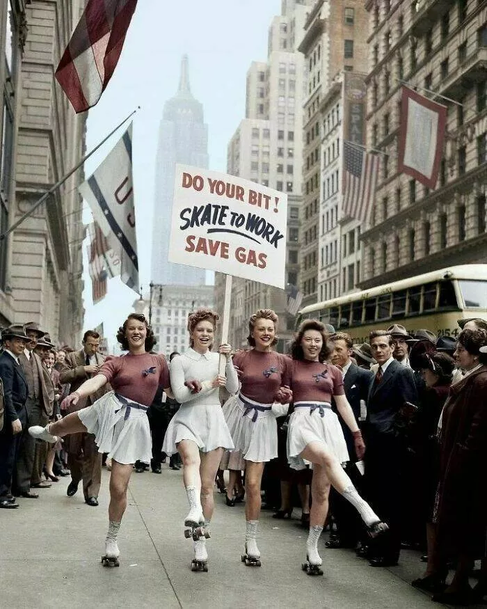 Unveiling hidden histories rare photos that tell untold stories - #28 Do Your Bit! Skate To Work Women Of The Uso Promoting Gas Rationing During WWII. New York City, 1940's