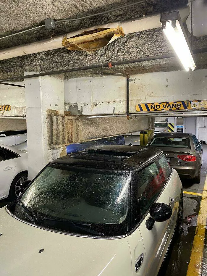 Amazing photos of unbelievably rare coincidences - #28 Someone Parked Underground With Their Sunroof Open, And A Pipe Burst Right Above Them