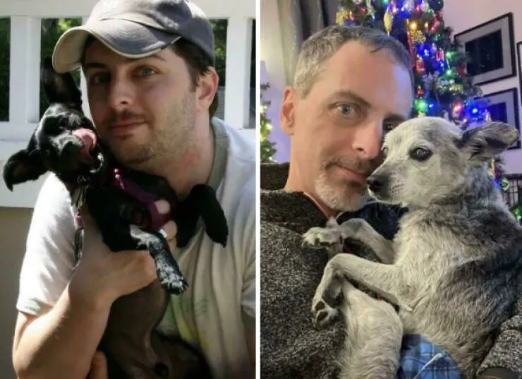 Photos attendrissantes danimaux grandissant avec leurs humains - #12 Mojo et moi en 2005 et en 2024—il a 20 ans cette année, et moi j'ai 50 ans