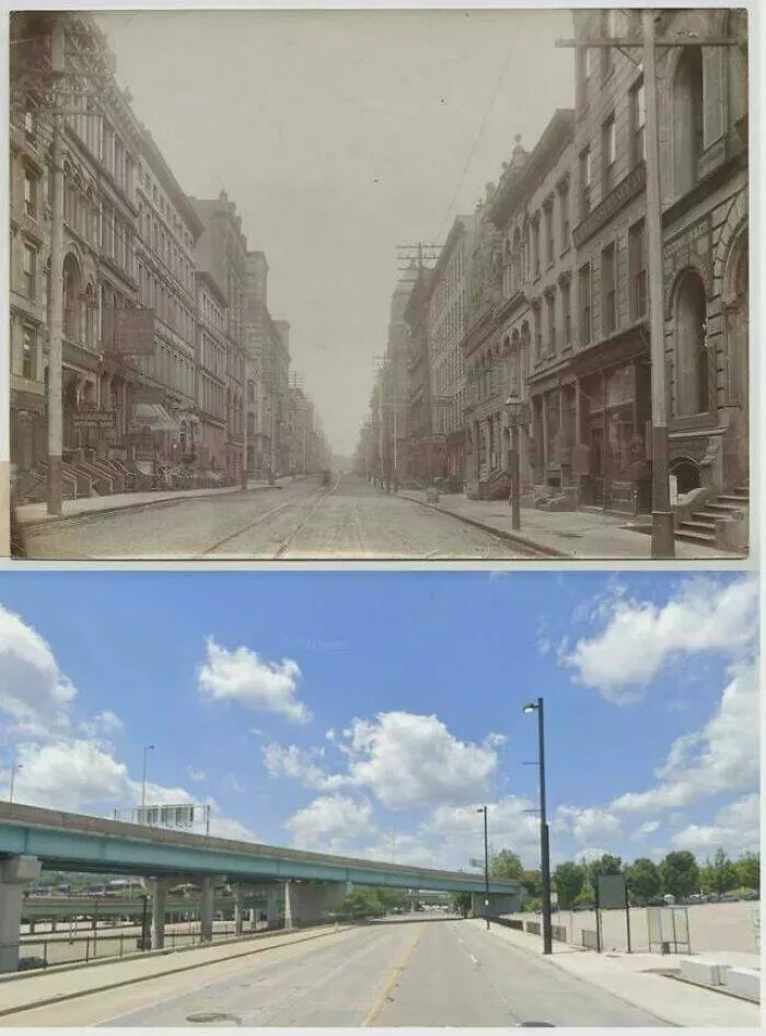 Stunningly real dystopian urban landscapes - #19 US Cities and Car Dependency: Downtown Cincinnati, 1890 vs. 2023
