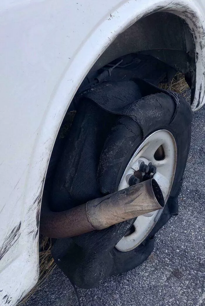When bad days hit hard moments we all know too well - #35 Had A Tire Blowout, Still Not Sure How My Silencer Got Tangled In The Wheel