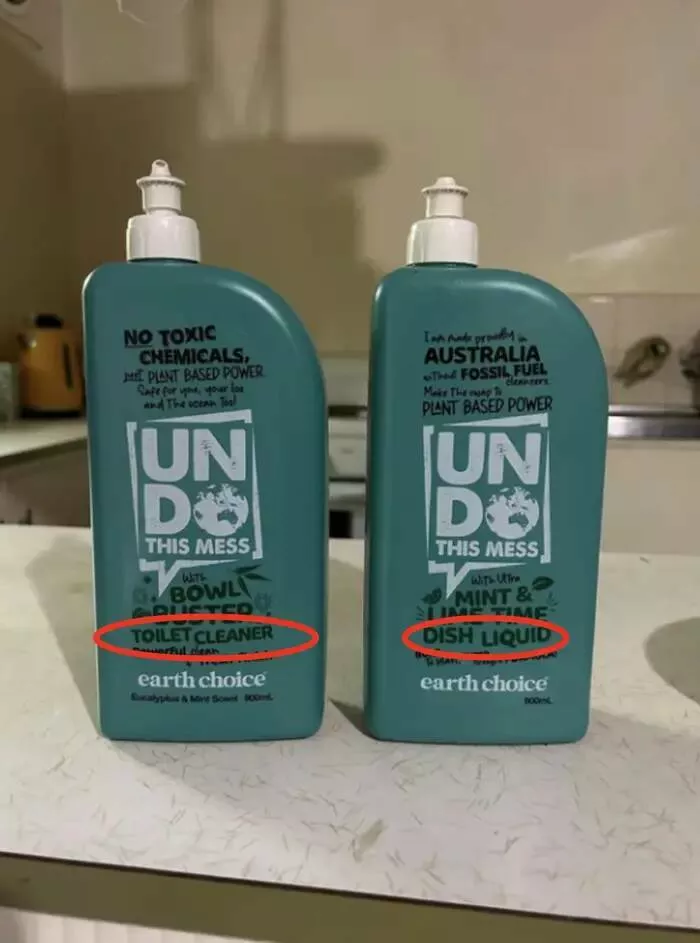 Shocking designs that challenge common sense - #30 These Almost Identical Bottles For Toilet Cleaner And Dish Soap Are Misleading Shocking designs that challenge common sense - #30 These Almost Identical Bottles For Toilet Cleaner And Dish Soap Are Misleading