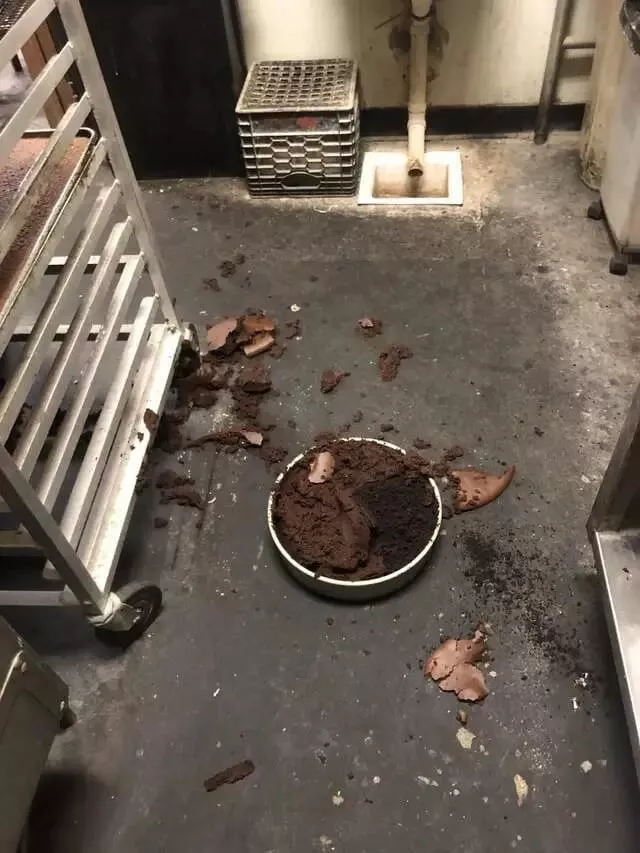Epic pro kitchen disasters caught on camera - #26 I can’t decide if the destroyed cake on the floor or the ancient milk crate – which looks like it’s been there since the Reagan era – is more alarming.