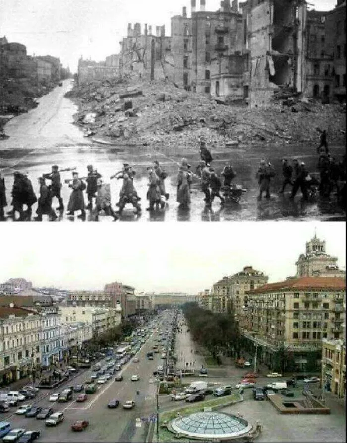 Stunning comparisons of cities through time - #12 Kiev’s Kreschatik Street, Ukraine, USSR: Then & Now