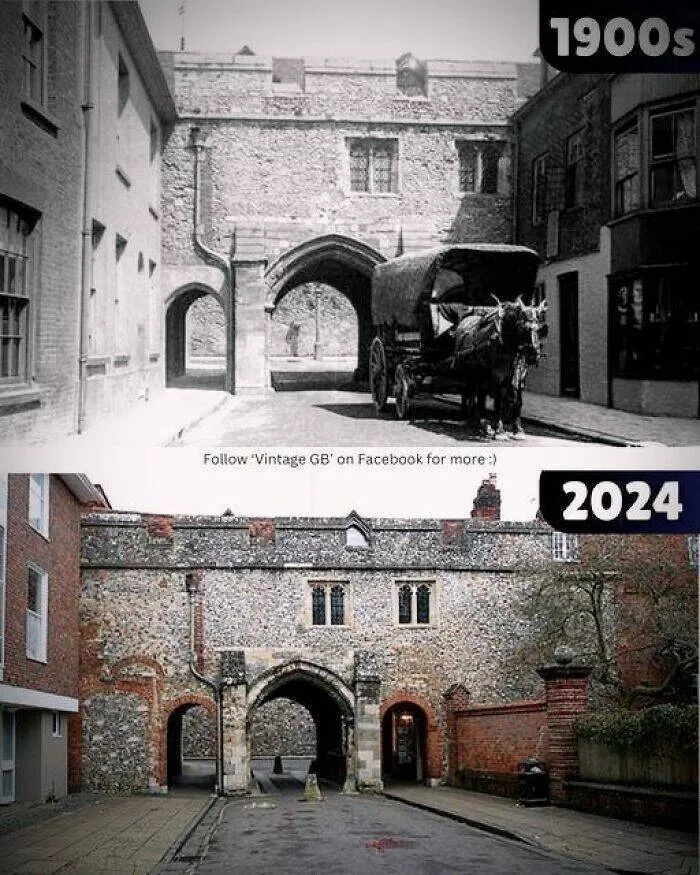 Stunning comparisons of cities through time - #18 Kingsgate: A 14th-Century Medieval Gate in Winchester with Buildings Lost in the 1930s