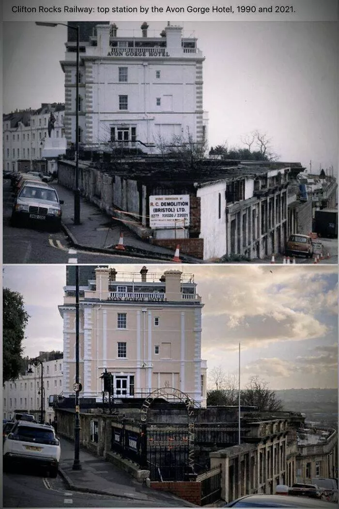 Stunning comparisons of cities through time - #20 Clifton Rocks Railway Top Station Next to Gorge Hotel, 1990 and 2021