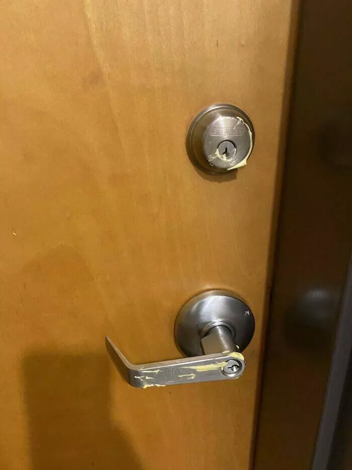 Apartment life struggles hilarious glimpses into shared living woes - #16 Someone left butter (??) on my door. Apartment life struggles hilarious glimpses into shared living woes - #16 Someone left butter (??) on my door.