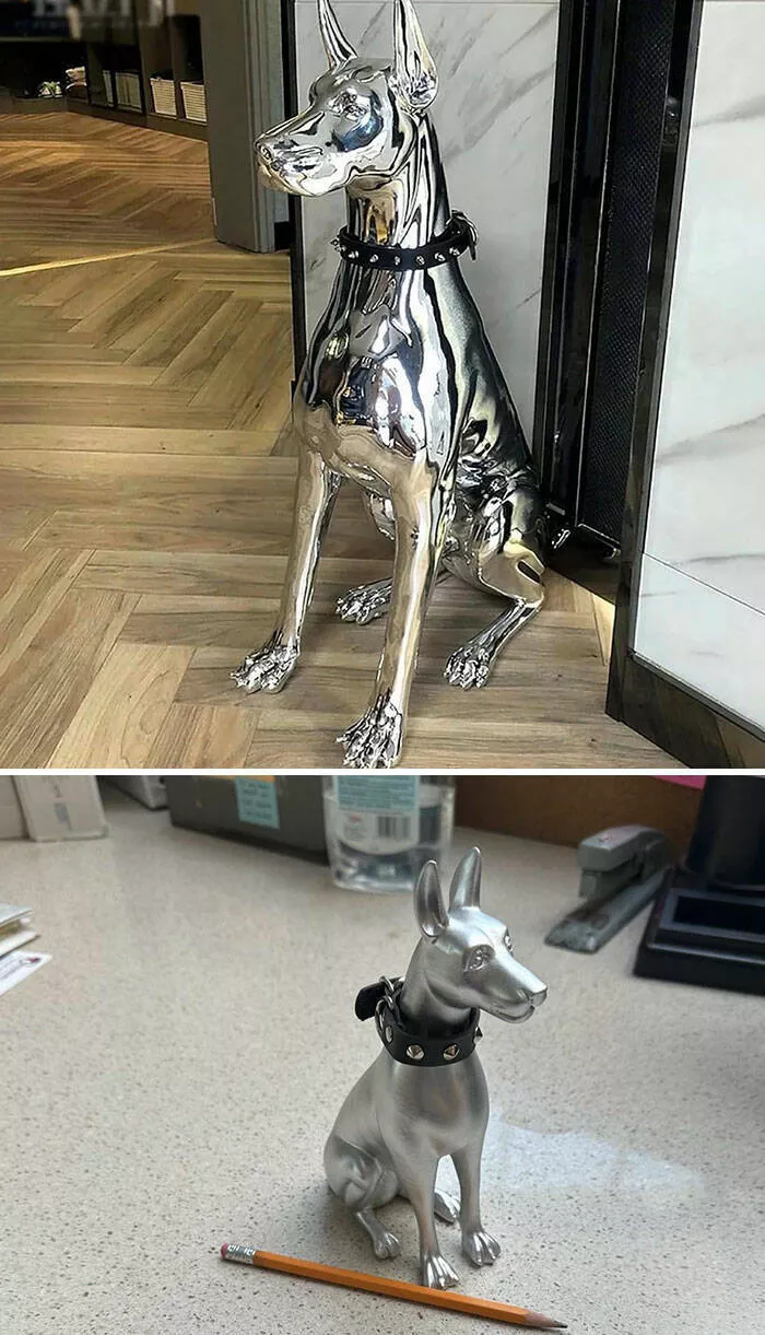 Les attentes contre la realite les pires desastres de shopping en ligne - #12 Commandé une magnifique statue de Doberman en chrome, la description disait 3 pieds de hauteur