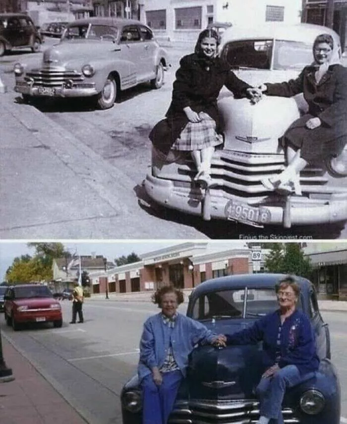 Rare historical photos that reveal fascinating stories - #2 Seated on their 1947 Chevrolet at dinner, revisited 63 years later