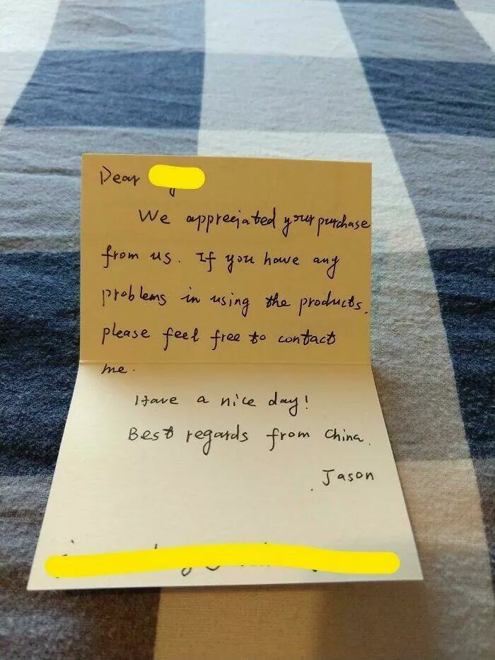 Photos that show how unique china really is - #23 A touching handwritten note that came with a $13 purchase from China