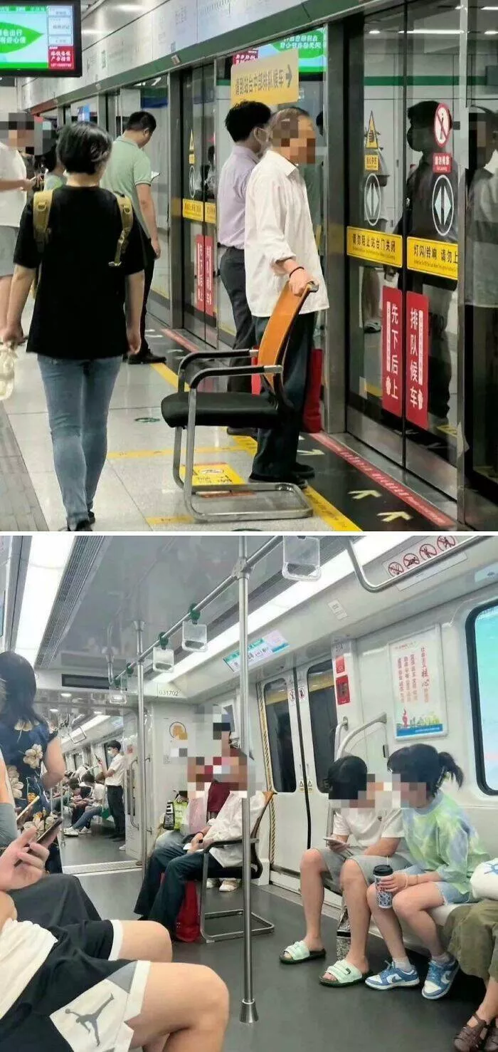 Photos that show how unique china really is - #25 A man brought his own chair to the subway in China