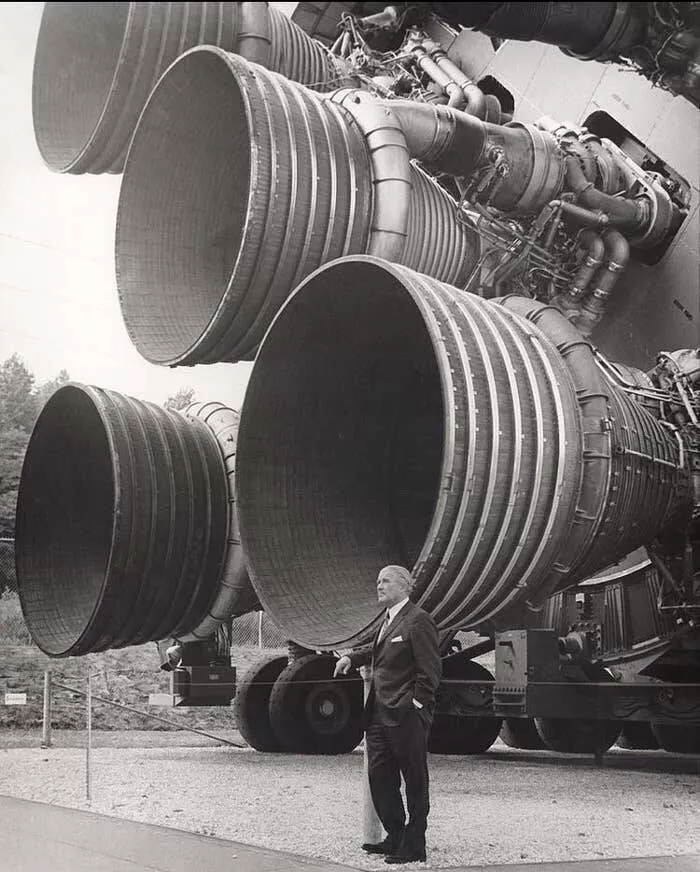 Captivating rare photos worth exploring - #34 Saturn V rocket engines compared to Wernher von Braun’s height