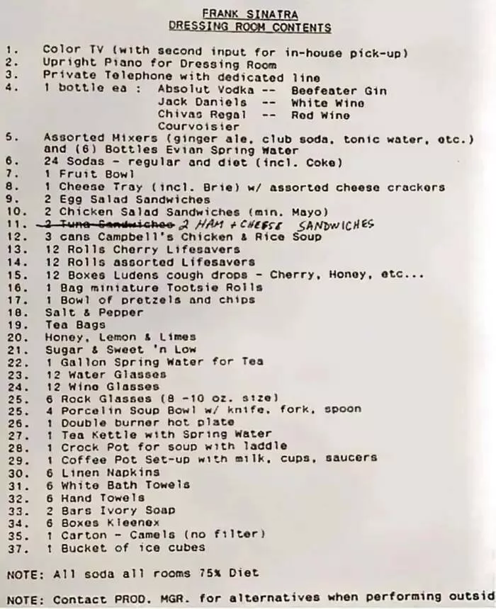Rare and fascinating photos you have to see - #6 The dressing room requests allegedly made by Frank Sinatra