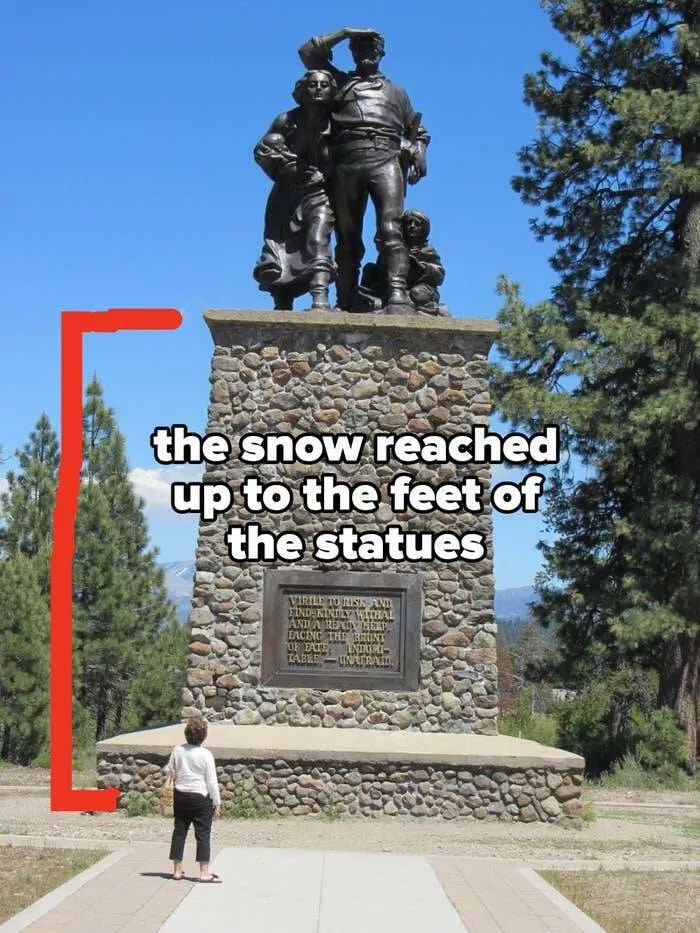 Rarely seen photos of iconic places that will change your perspective - #32 This monument to the doomed Donner Party shows just how deep the snow was during their tragic journey: