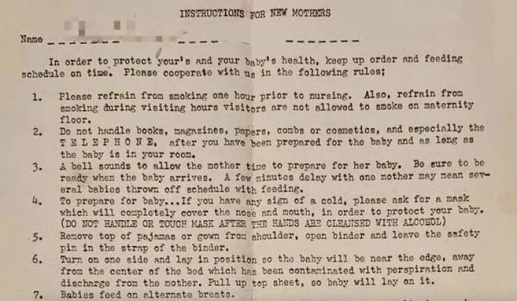 Rare 1900s photos that reveal a completely different world - #12 A set of maternity ward instructions for new moms from the 1940s: