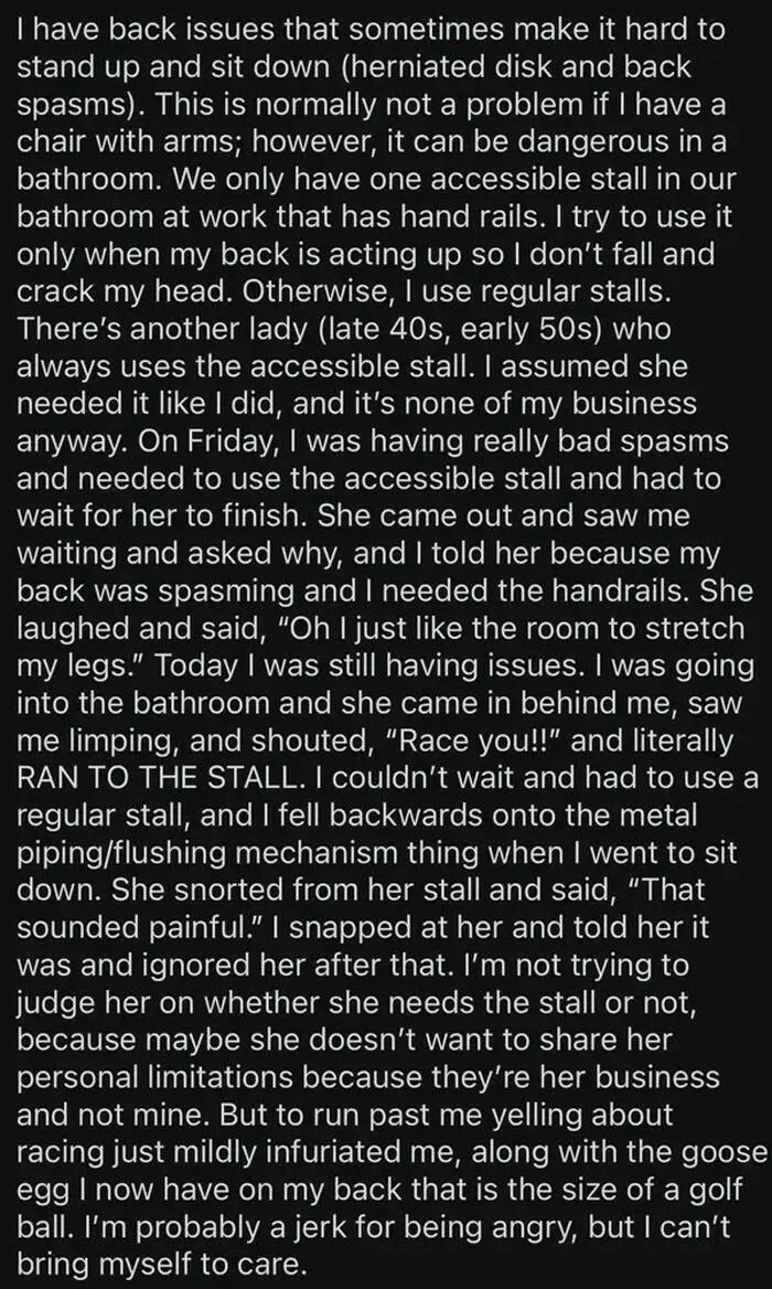 When awful coworkers pushed too far and got put on blast - #1 My Coworker Uses The Accessible Stall To Stretch Out Her Legs