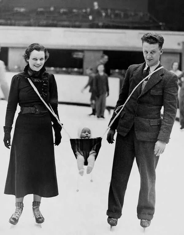 Mind blowing pics that will change how you see the world - #7 Here's a picture of a very safe, normal setup for parents and a baby to enjoy ice skating from the late 1930s: